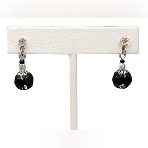Vintage Faceted Crystal Beaded Dangle Earrings Silver Tone Black Drop Retro Y2K